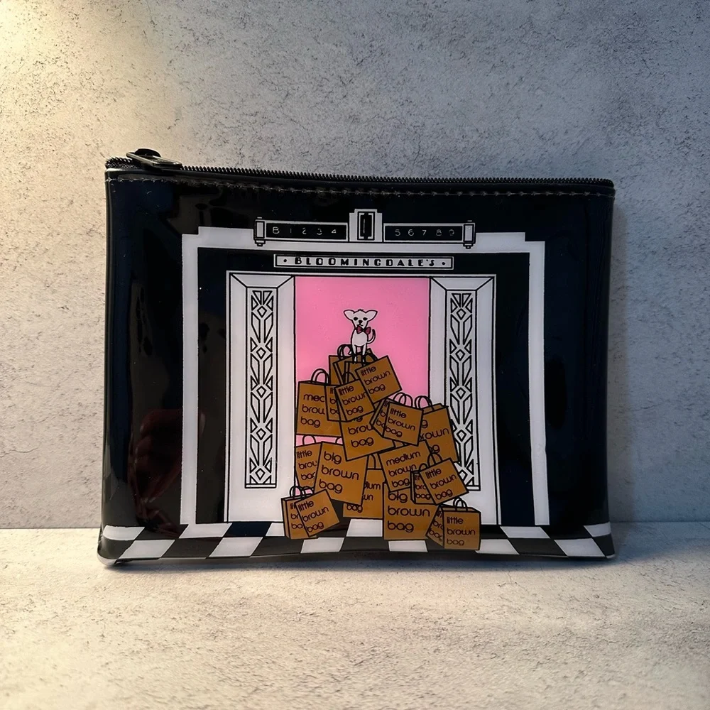 Bloomingdale's Black Pink Shopper Pouch with Brown Bag Print
